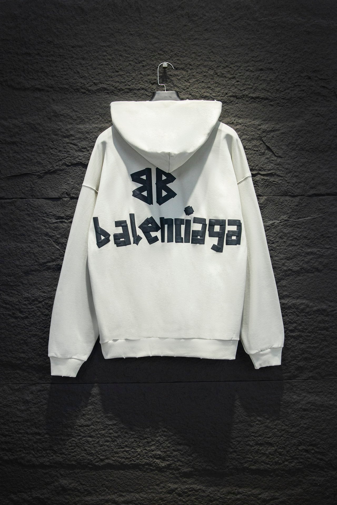 White Balenciaga hoodie with large back logo print and attached hood