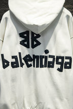 White hoodie back with large Balenciaga logo and hood seam detail