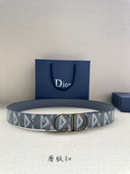 Designer belt with light gray monogram canvas strap and gold-tone double buckle