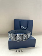 Designer belt with light gray monogram strap and silver-tone double buckle, in box