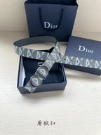 Designer belt laid on blue box with gray monogram strap and silver-tone double buckle