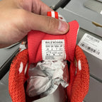 Unisex sneaker tongue label in red and white with sizing and branding