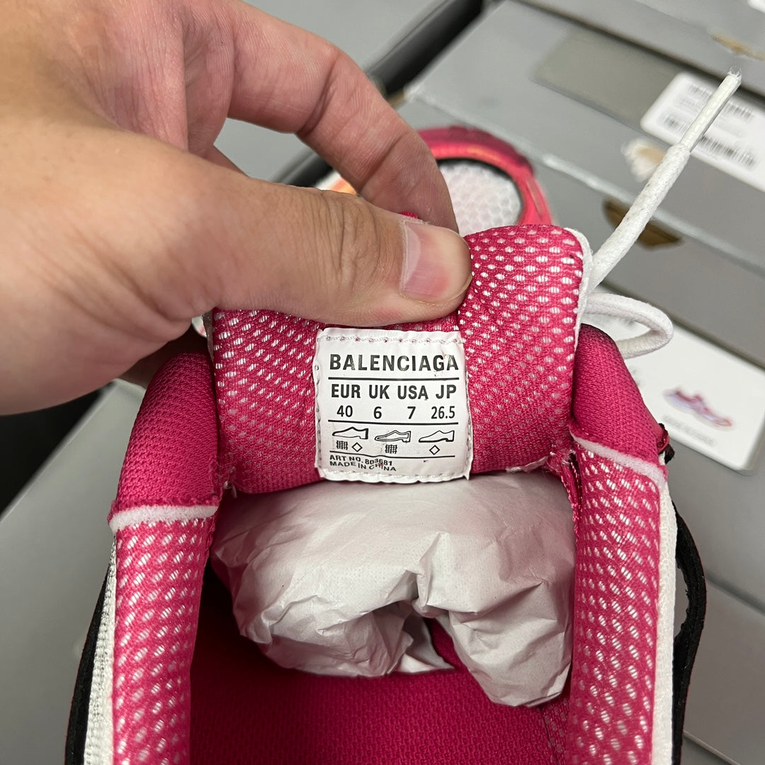 Maroon sneaker heel label with white Balenciaga sizing tag and white laces