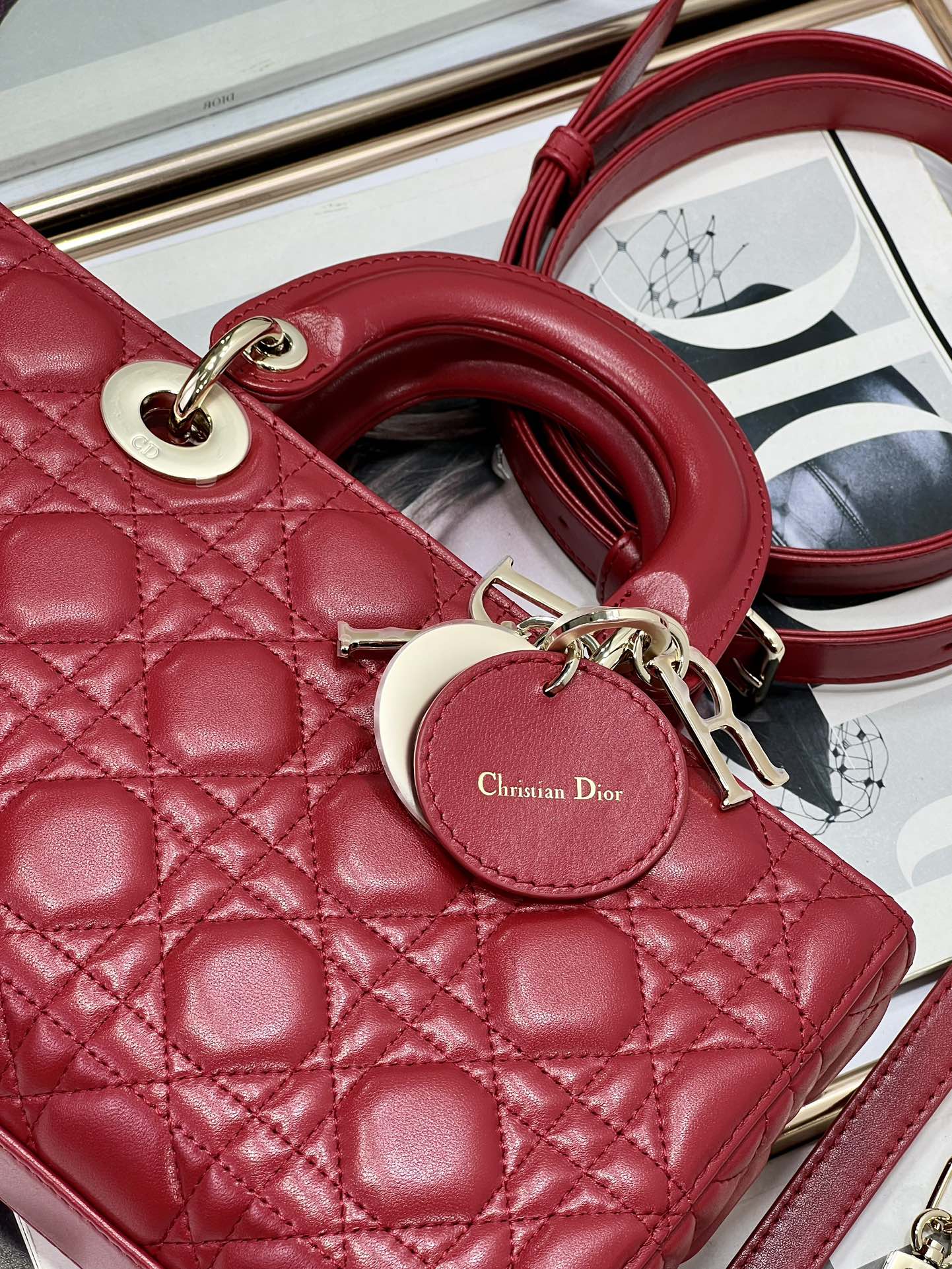 Red quilted handbag front with gold ring hardware and Dior logo charm