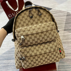 Gucci men's backpack front with tan GG monogram and top handle detail