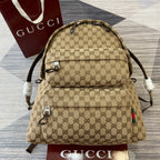 Gucci men's backpack with tan GG monogram and black leather trim