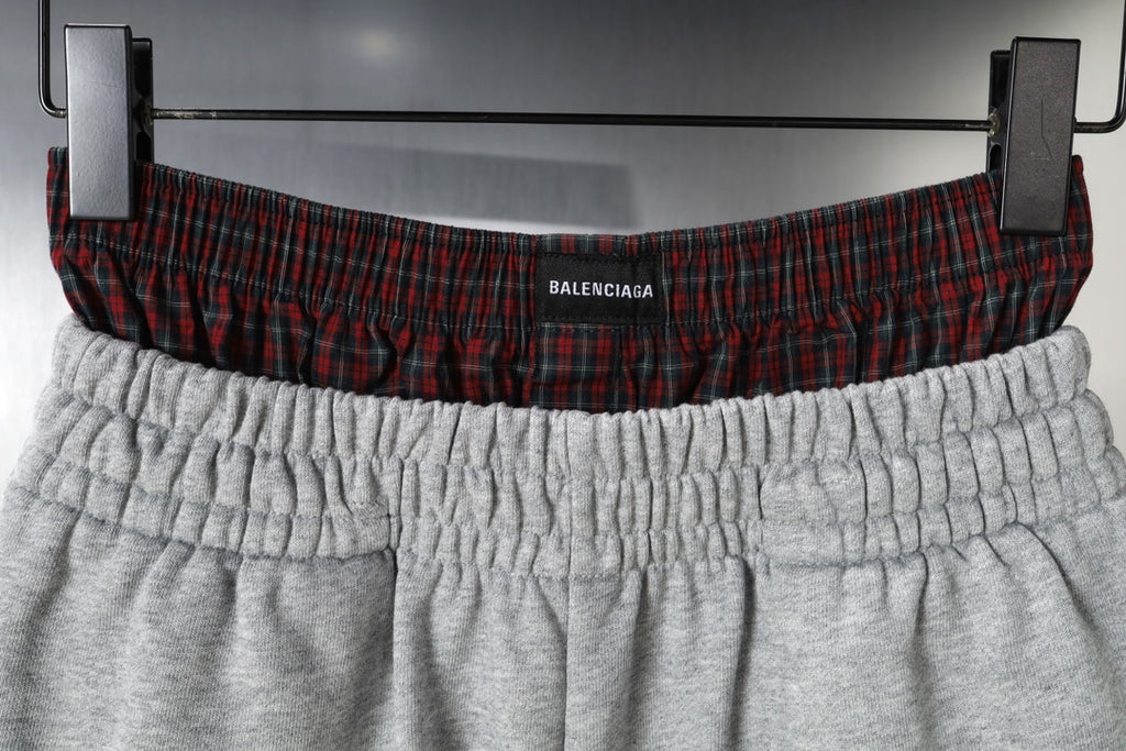 Balenciaga gray shorts with elastic waistband and plaid band showing BALENCIAGA