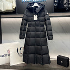 Long puffer coat front view with hood and vertical center front zipper