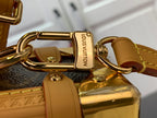 Louis Vuitton bag close-up of gold clasp and strap attachment on tan leather