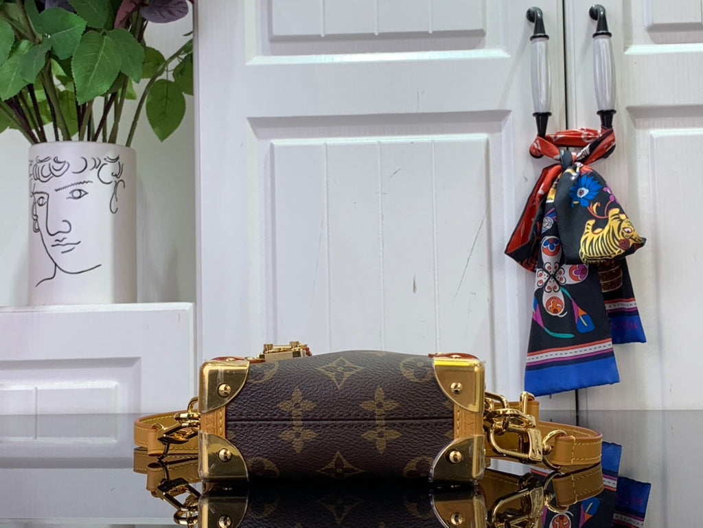 Louis Vuitton bag front view with gold locks and dark monogram canvas panel
