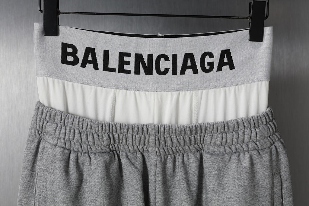 Gray sweatpants with BALENCIAGA waistband print and gathered elastic