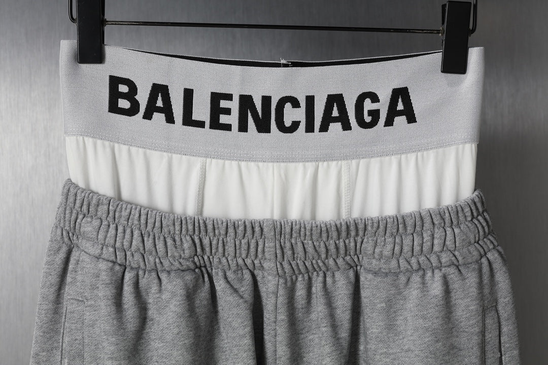 Gray sweatpants with BALENCIAGA waistband print and gathered elastic