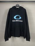 Black long hoodie with blue circular logo and BALENCIAGA text