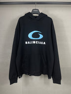 Black long hoodie with blue circular logo and BALENCIAGA text