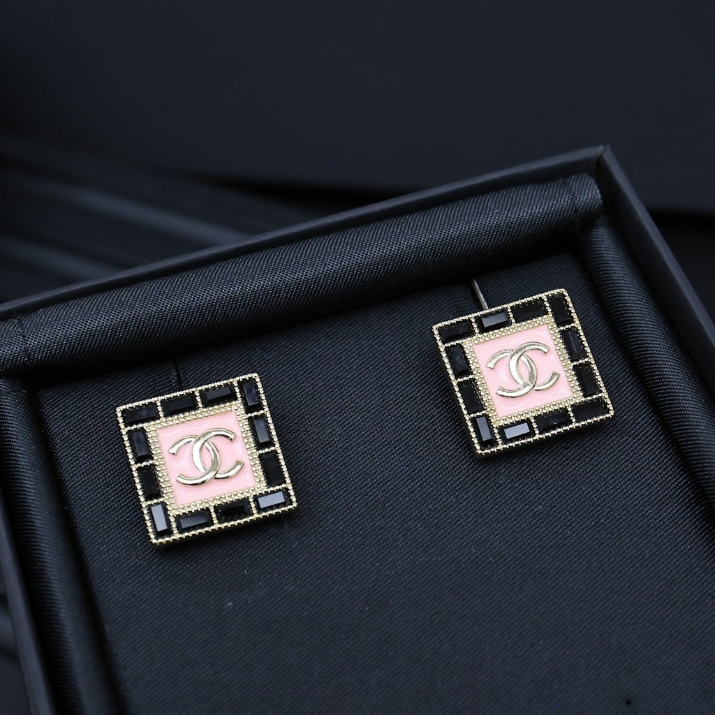 Square Chanel logo stud earrings with pink enamel and gold-tone border, set of 2