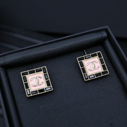 Square Chanel logo stud earrings with pink enamel and gold-tone border, set of 2