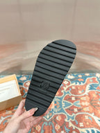 Louis Vuitton monogram slide sandal outsole with ribbed tread, black.