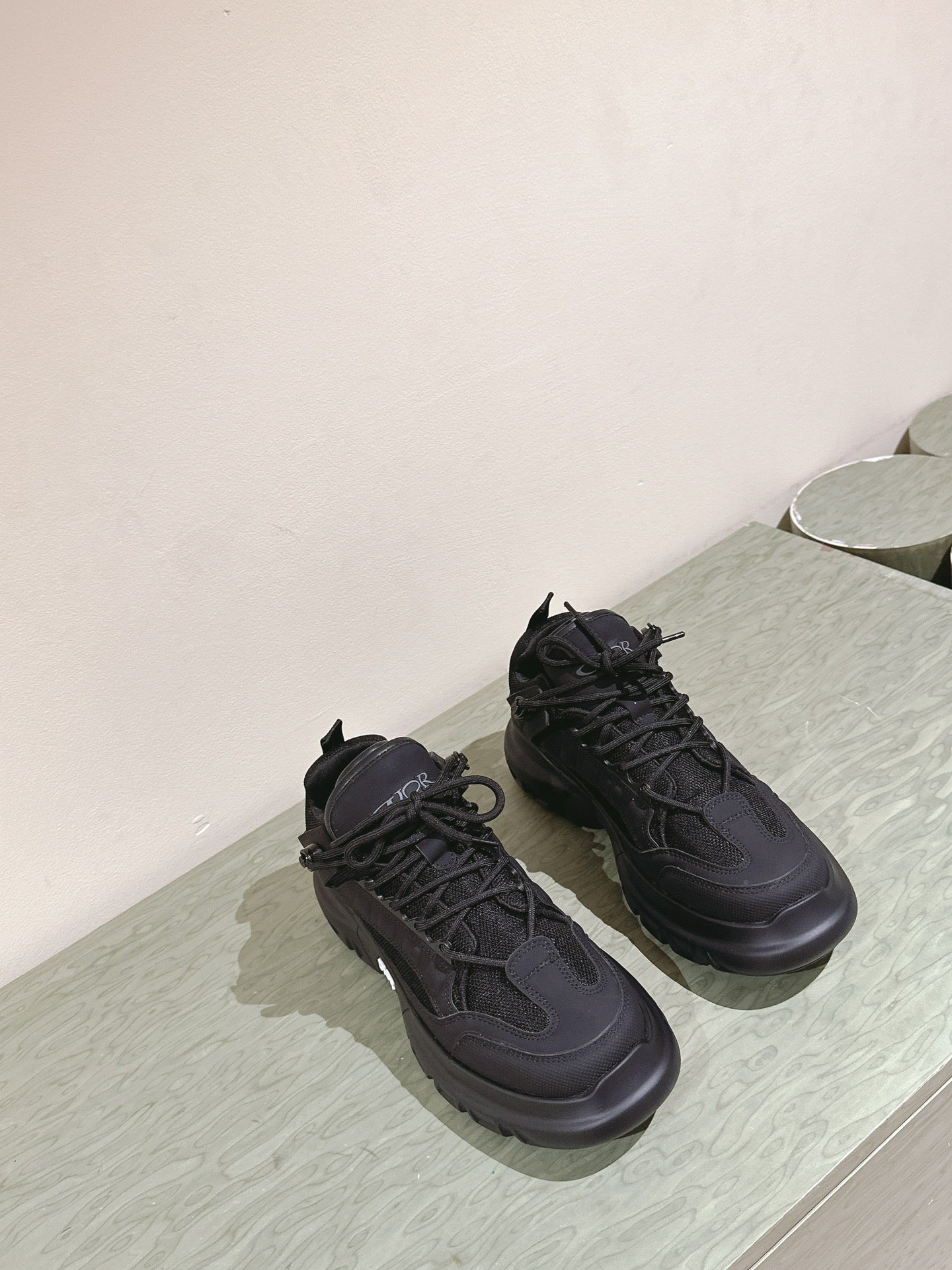 Dior unisex black sneakers, lace-up design with thick sole and top strap