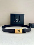Leather belt with dark blue strap and gold square buckle with VJ logo