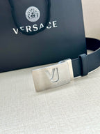Dark blue Versace belt with silver square buckle and VJ logo
