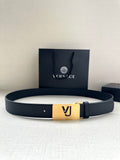 Versace belt in dark blue leather with gold square VJ logo buckle