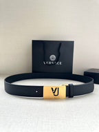Versace belt in dark blue leather with gold square VJ logo buckle