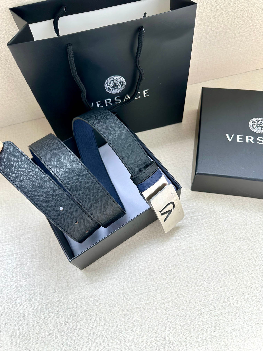 Versace blue leather belt with silver square buckle and perforated hole row