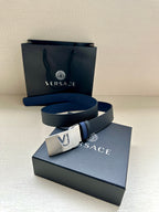 Versace blue leather belt with silver square buckle and logo plate
