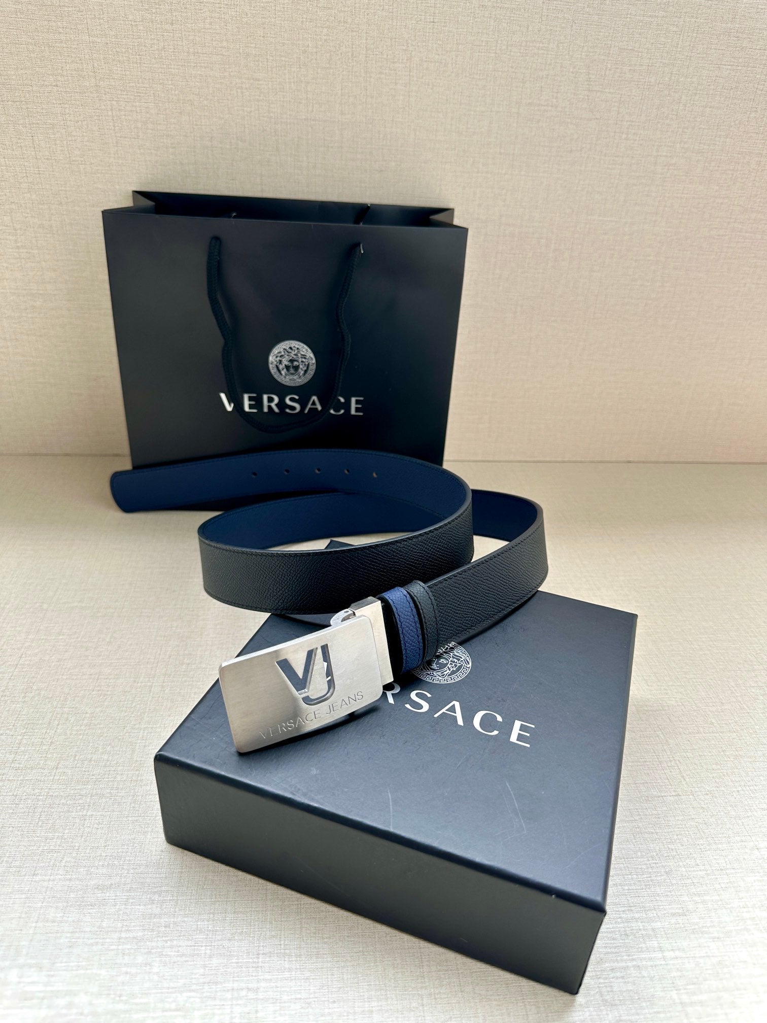 Versace blue leather belt with silver square buckle and logo plate