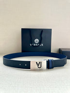 Versace leather belt with silver square buckle and blue strap with eyelets