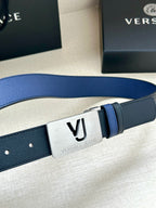 Blue Versace belt with silver square buckle plate and stitched strap edge detail