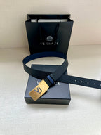 Versace blue leather belt with gold square buckle and silver-toned logo plate