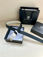 Versace belt with dark leather and white stripes, gold square VJ buckle