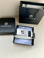 Versace belt in gift box set: dark leather strap with white stripes and gold VJ buckle