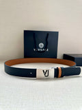 Versace belt with dark navy leather strap and silver square VJ buckle.