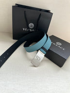 Two-tone leather belt with silver buckle and turquoise strap, set with gift box