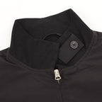 Stone Island jacket collar with snap tab, half-zip pull, textured black fabric