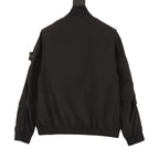 Stone Island black jacket with ribbed hem and cuffs, back view and sleeve logo