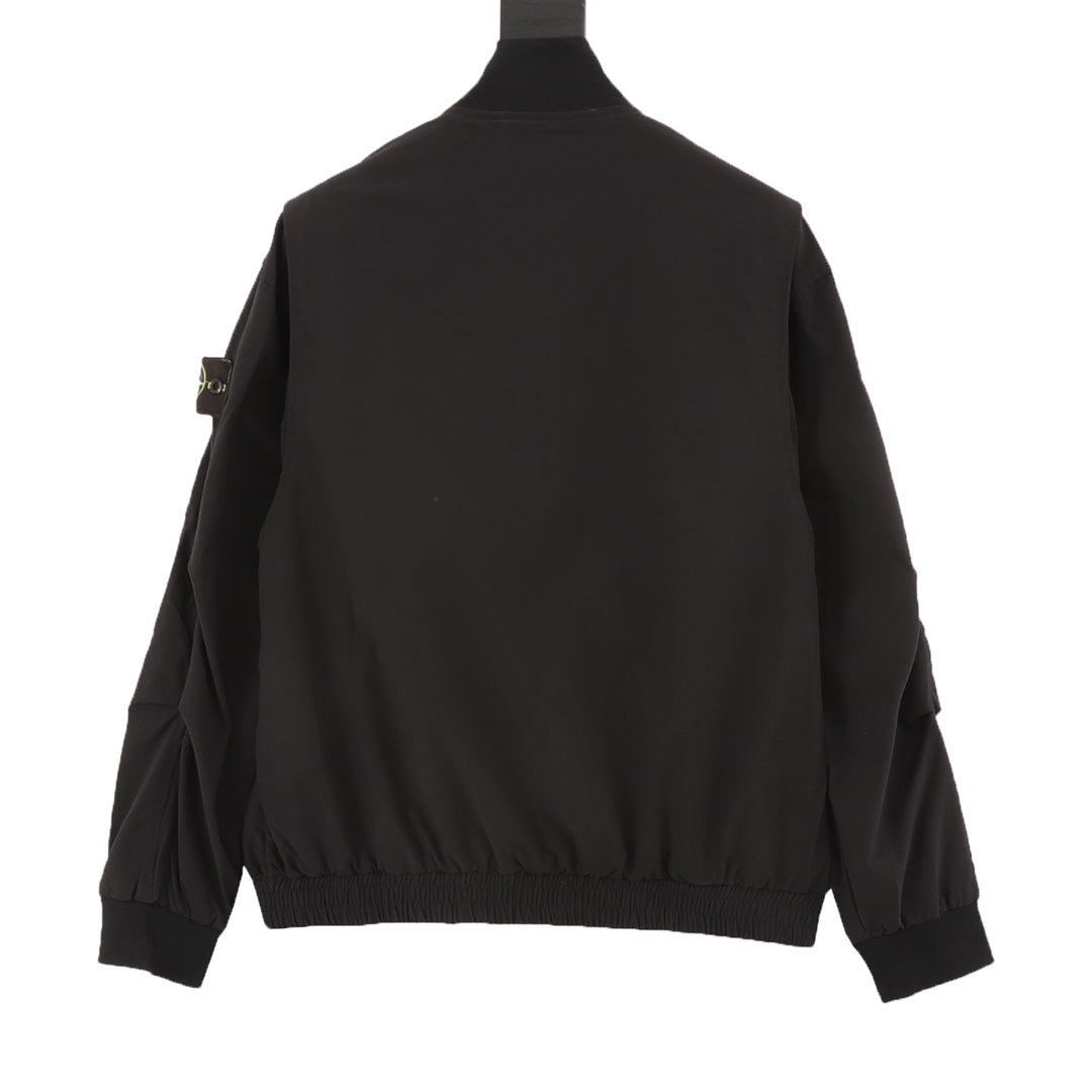 Stone Island black jacket with ribbed hem and cuffs, back view and sleeve logo