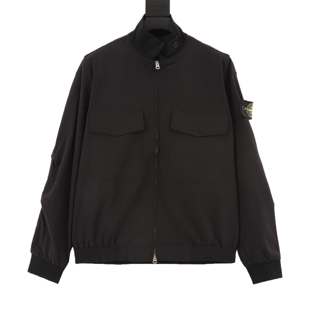 Stone Island black jacket with stand collar, zip front, flap chest pockets