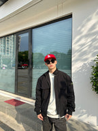 Black lightweight jacket with stand collar, patch pocket, and zip front