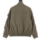 Olive zip-up bomber jacket, back view with ribbed hem and cuffs