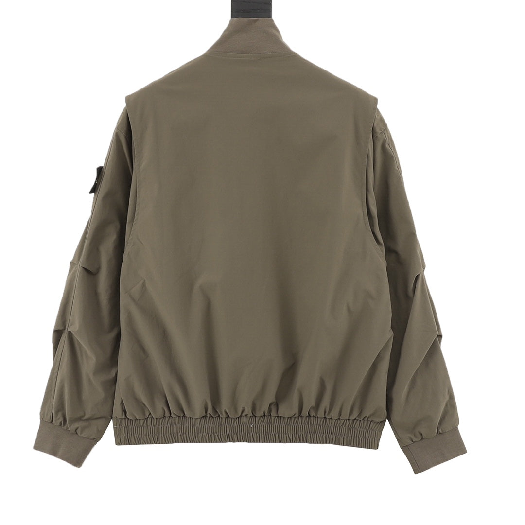 Olive zip-up bomber jacket, back view with ribbed hem and cuffs