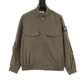 Olive zip-up bomber jacket with stand collar and two flap chest pockets