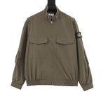 Olive zip-up bomber jacket with stand collar and two flap chest pockets