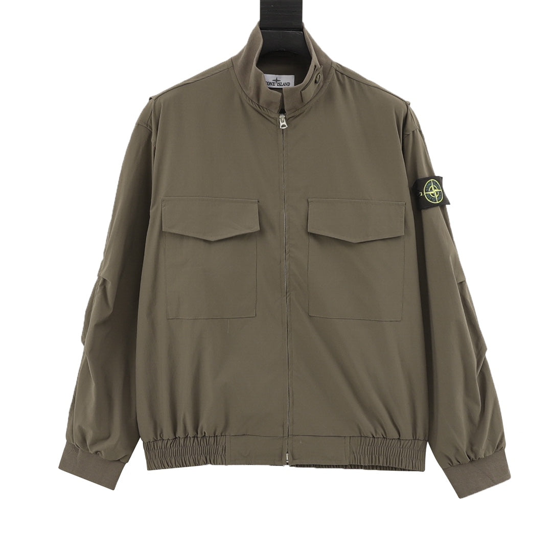 Olive zip-up bomber jacket with stand collar and two flap chest pockets