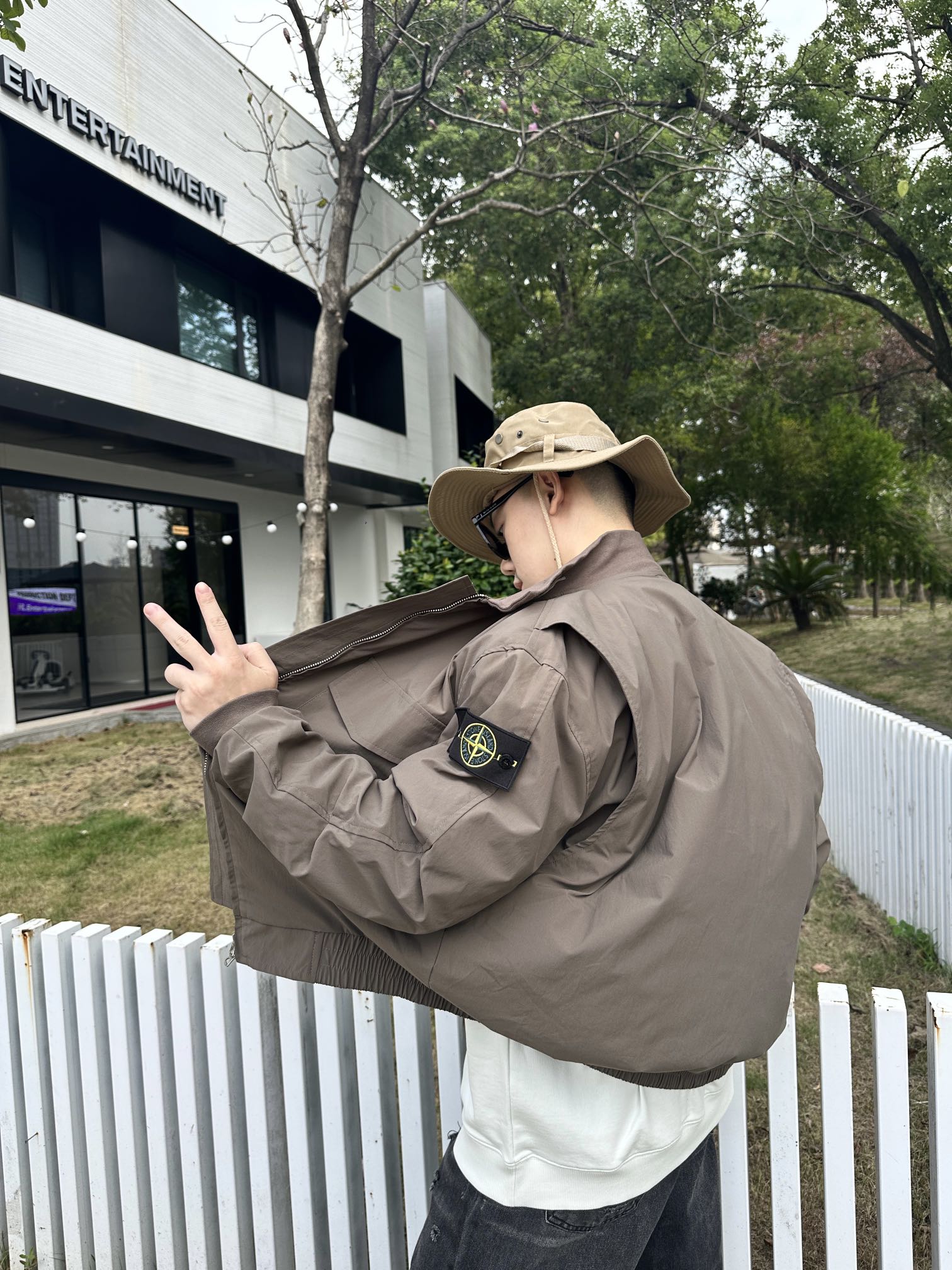 Stone Island taupe jacket with shoulder patch and flap pockets