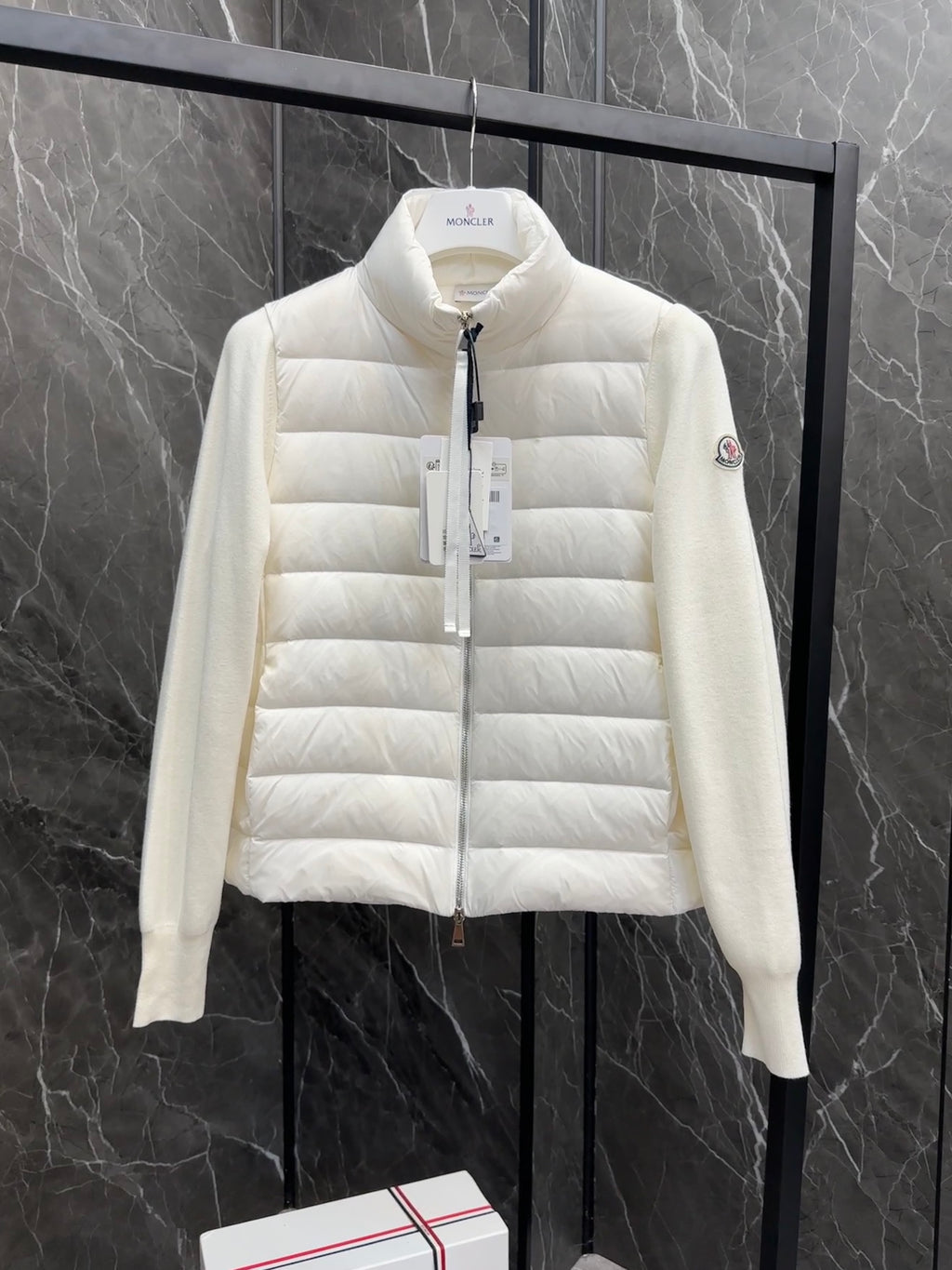 Moncler long padded jacket, light white with left sleeve logo patch and front zip