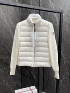 Moncler long padded jacket, light white with left sleeve logo patch and front zip