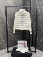 Moncler long padded jacket on hanger, light white front zip and stitch quilting